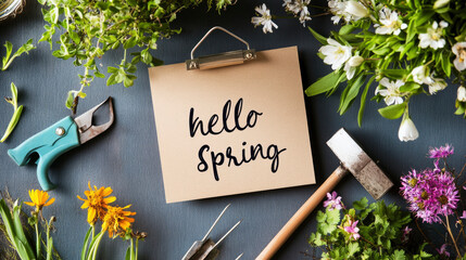 Hello spring celebrating the vernal equinox with flowers and greenery