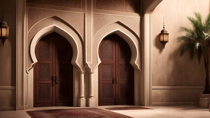 Fototapeta premium Ornate wooden doors, arched entryways, traditional Moroccan design elements create a tranquil inviting atmosphere.