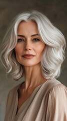 Fototapeta premium Elegant woman with flowing silver hair poses gracefully in soft lighting, showcasing natural beauty and confidence in a neutral-toned setting
