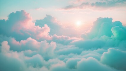 Background of morning dawn above a cloudy sky. Heaven of pastels with soft focus lens flare. Abstract calm nature featuring a hazy white cyan gradient.