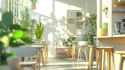Obraz premium A peaceful cafe with modern white decor, earthy wooden accents, and potted green plants. Sunlight pours in through the glass walls.