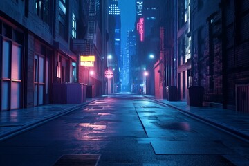 Dark asphalt street at night in empty futuristic city