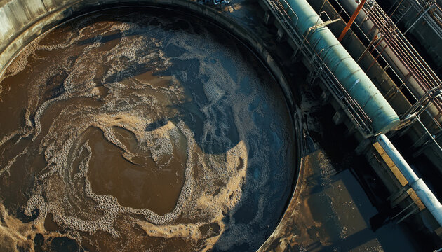 Swirling brown sludge fills a large wastewater treatment tank with visible bubbles and a smooth surface. Pipes and equipment surround the tank, showcasing an industrial setting