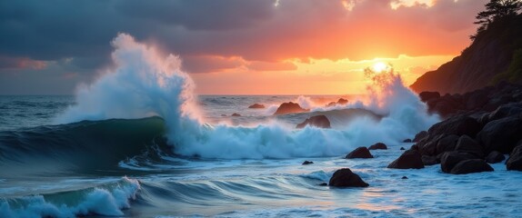 Fototapeta premium Amazing image of waves hitting the rocks at sunset.