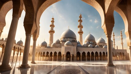 Fototapeta premium A stunning sunrise illuminates majestic architecture a grand mosque, viewed from its serene courtyard through intricately carved arches.