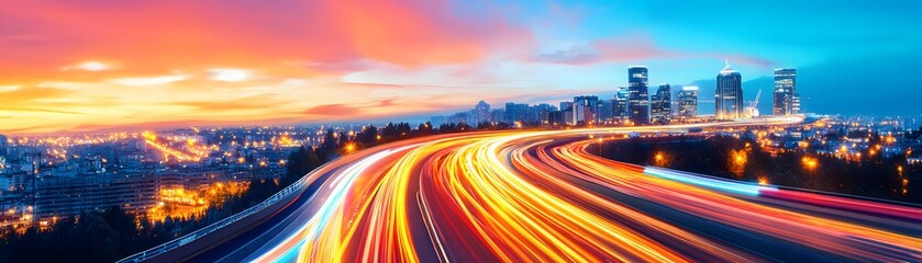 Obraz premium Illuminated smart highway enhancements urban cityscape night photography energy efficiency aesthetic viewpoint future concept