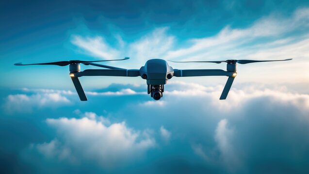 Unmanned military drone surveying the azure clouds of the sky.
