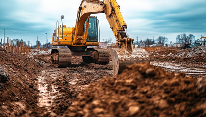 Fototapeta premium An excavator is actively digging and moving dirt on a construction site. Surrounding areas show equipment and preparation for building, highlighting construction progress