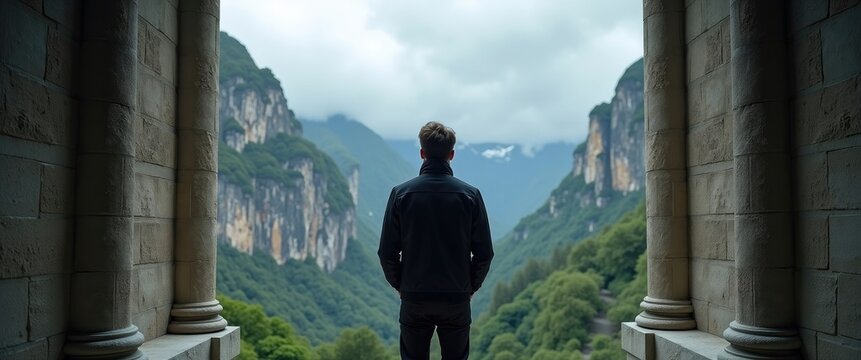 Travel tourist photography wallpaper design featuring a person viewed from behind in a stone building with column symmetry, overlooking a mountainous landscape, including ample copy space. - Powered by Adobe