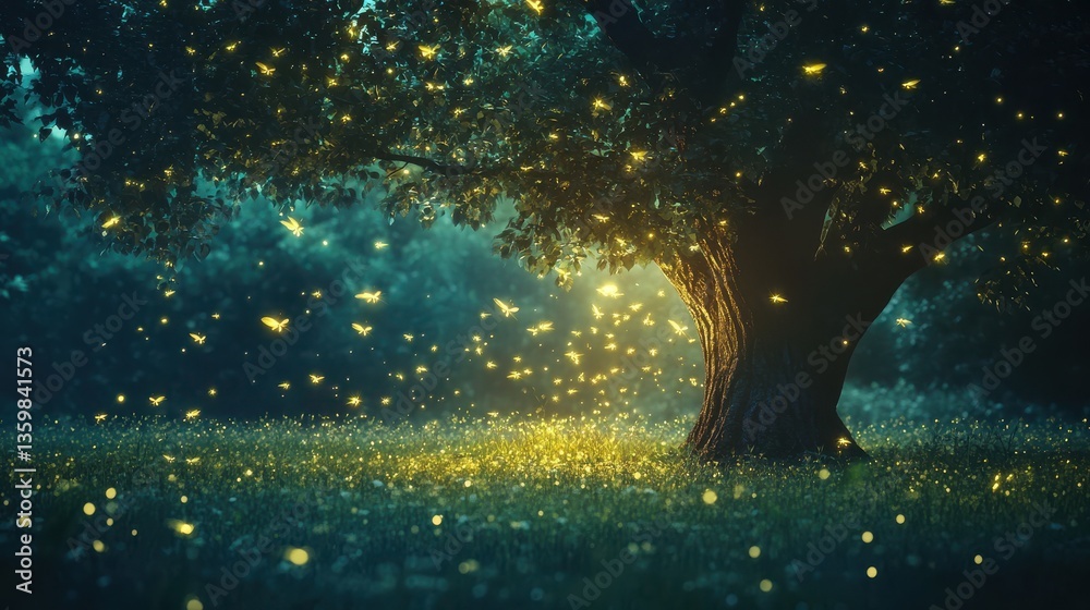 Leinwandbilder serene tree illuminated by glowing fireflies in a tranquil twilight forest setting