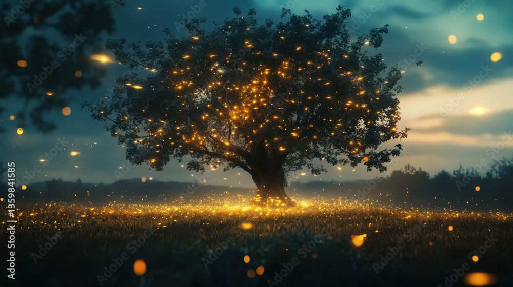 Leinwandbilder serene tree glowing with golden lights under a twilight sky in a tranquil field setting