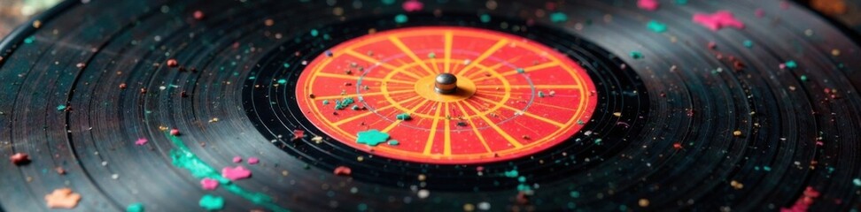 Obraz premium Distressed vinyl record with colorful swirls and crackles, retro, swirling patterns