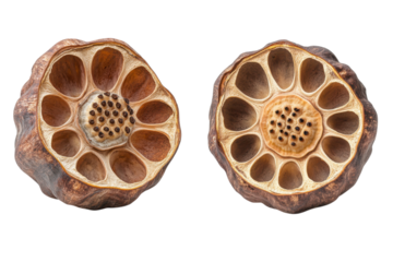 Two halves of a lotus seed head revealing nature's perfect geometries against a stark black background with macro detail and earthy brown tones.