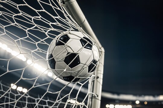 a dramatic moment in a soccer match when a black and white soccer ball freezes in mid-air inside the goal as a goal is scored stad taraftar gol kale &uuml;st&uuml;