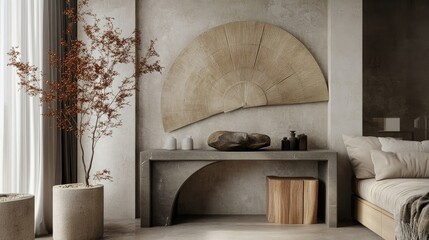 A stylish home corner with a sleek console table, neutral decor elements, and a large statement fan wall piece for texture.