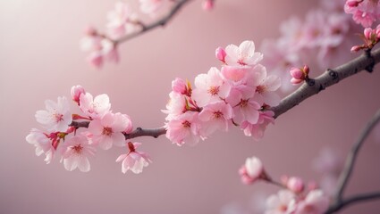 Fototapeta premium A close-up view of a pink background featuring blooming spring flowers on a tree branch. A soft background of pink blossoms is visible. Springtime theme Cherry blossoms