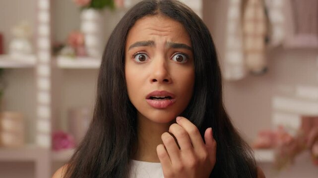 Hispanic woman shocked girl Latina teen female close up wide open mouth scary fright impressed face stare amazed wow news fear reaction shock afraid emotion stunned expression pink candy bathroom home