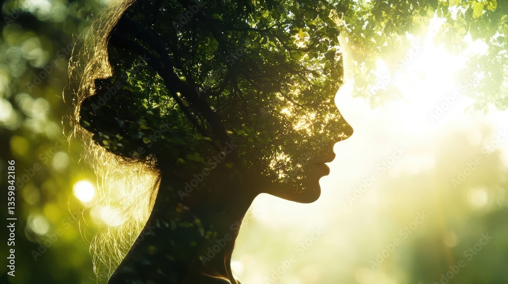 Poster Portrait of a woman softly illuminated by sunlight with a background of lush greenery creating a natural ambiance