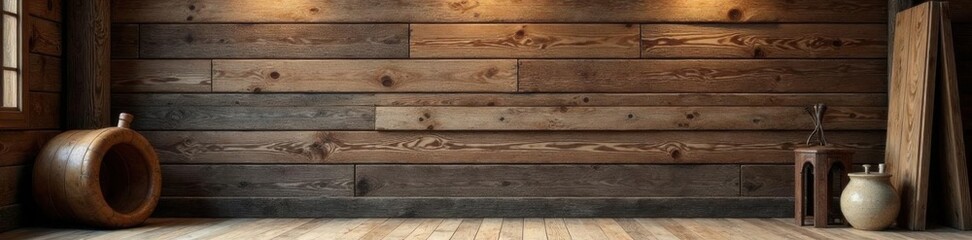 Obraz premium Distressed wooden wall featuring reclaimed planks in a cozy, cabin-like setting, interior, wood, textured