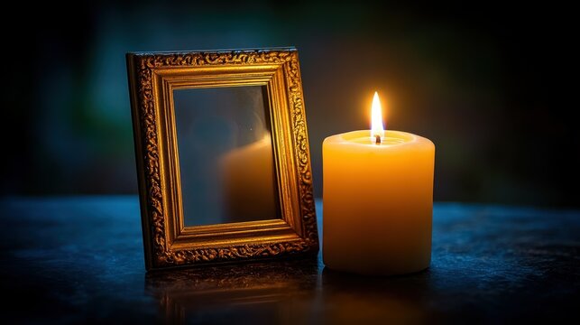 Empty picture frame, candle remembrance
