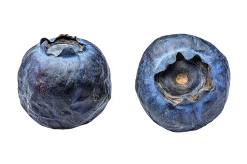 Obraz premium Two ripe blueberries showing textured skins against a stark black backdrop with macro focus revealing their intricate details and subtle color gradations.