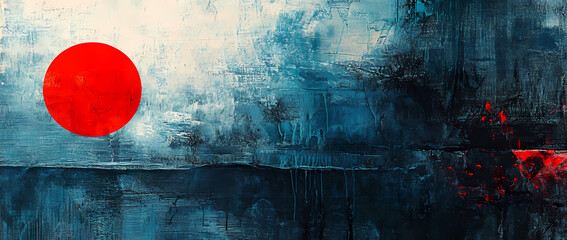 Abstract Composition: A bold red circle commands attention against a textured backdrop of deep blues, the abstract evokes a sense of mystery and artistic expression.