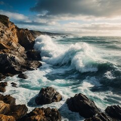 Obraz premium Close-up of ocean waves crashing against rocky shore capturing nature’s power and beauty