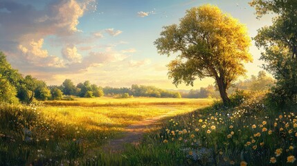 Fototapeta premium Serene countryside landscape with golden sunlight and blooming flowers in early morning tranquility