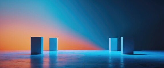Fototapeta premium Abstract surreal scene - vacant stage featuring three rectangular white podiums against a colored backdrop. Pedestals for product packaging mockup display presentation.