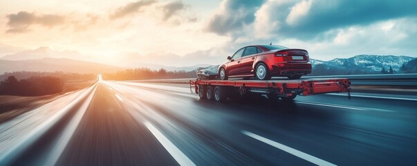 generic unidentifiable car loaded on a towing or recovery breakdown truck driving on the highway for repairing or warranty services concepts as wide banner design with copyspace. Generative AI