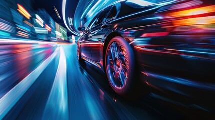 Dynamic Drive: A sleek car speeding through the city, captured in a breathtaking motion blur that evokes speed, energy, and the pulse of urban life.