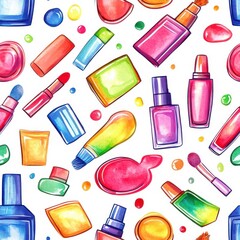 Obraz premium Playful watercolor doodles of cosmetic products with vibrant colors and fun designs