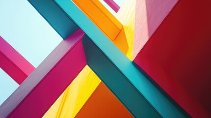 Fototapeta premium Vibrant Abstract Architectural Structure with Colorful Overlapping Geometric Shapes and Bright Sunlight Reflections