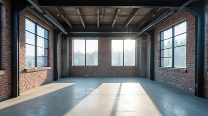 Spacious industrial interior with large windows and natural light