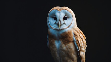 Against a dark backdrop and well lit, a barn owl is observed up close.