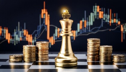 Golden Chess King and Finance: A golden chess king stands tall amidst stacks of coins on a chessboard, set against a backdrop of dynamic financial charts. It symbolizes strategic investment.