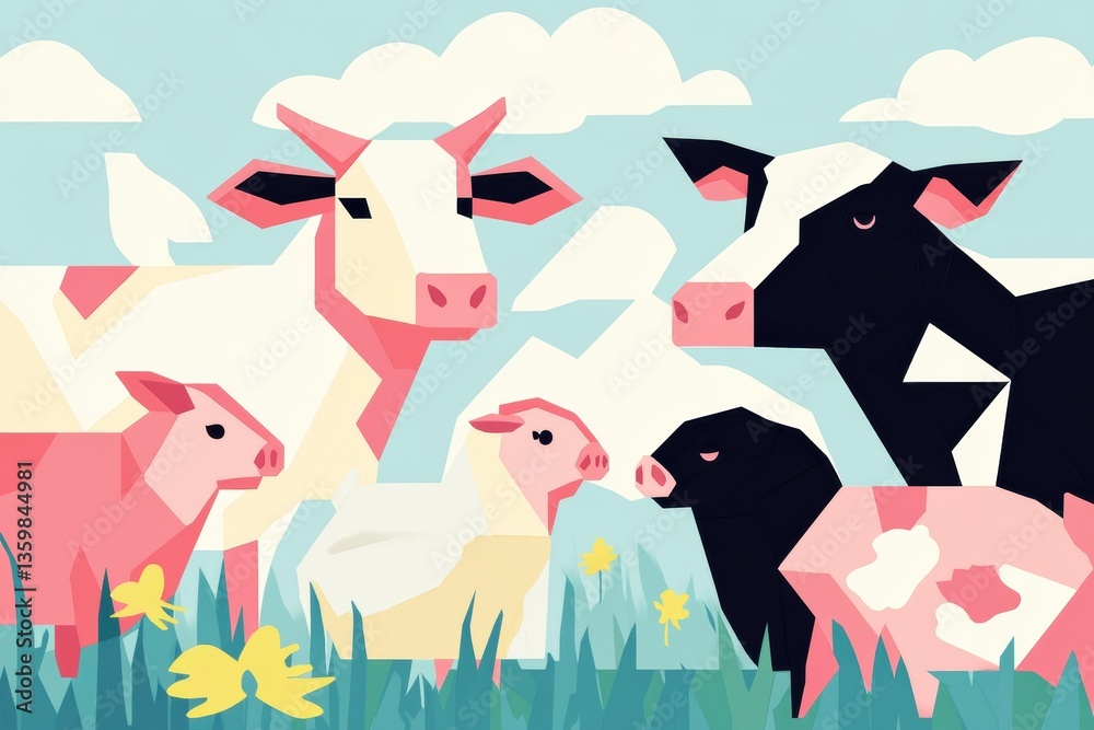 Poster vibrant geometric illustration of cows, pigs, and chickens in a colorful farm setting with a clean m