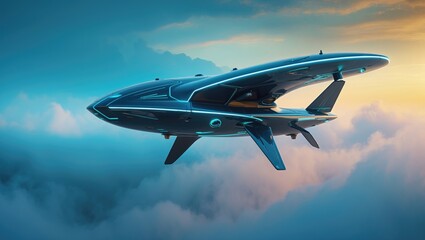 Autonomous driverless aerial vehicle soaring against the horizon, futuristic transportation with technology concept.