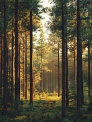 Fototapeta premium Lush green pine trees stand tall against a soft diffused golden light evoking a tranquil forest scene.