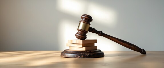 Wooden blocks and a judge's gavel on the table, representing the concept of safeguarding proprietary infringement declaration innovations.