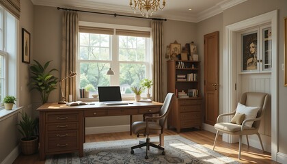 Fototapeta premium Sunlit Home Office Design: Elegant Workspace with Wooden Desk & Chair