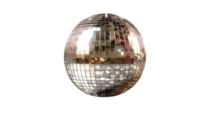 Shiny Disco Ball: Gleaming disco ball casting reflections, symbolizing nightlife and party atmosphere. Ideal for conveying fun and entertainment