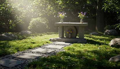 Peaceful garden scene with a stone table holding flower arrangements.