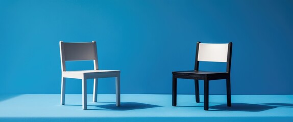 Fototapeta premium Two chairs, black and white theme against a pastel backdrop. Contrast, opposites, disagreement.