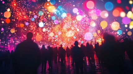 Fototapeta premium Glow of spring festival captured in vibrant double exposure of lights and fireworks