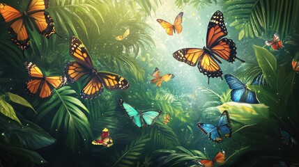 Vibrant butterflies fluttering through lush green foliage under soft glowing light