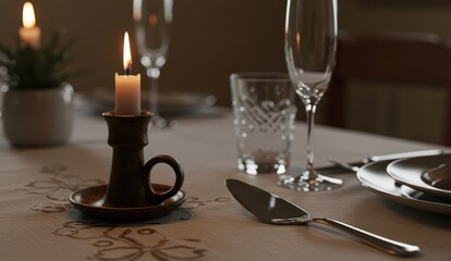 Fototapeta premium Elegant table set with candles, glasses, and cutlery for a formal dinner.