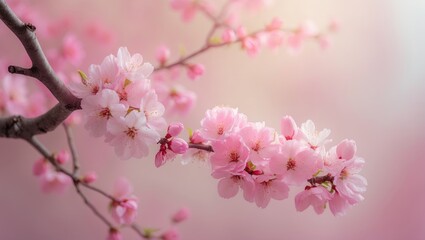 Obraz premium A pink backdrop featuring a close-up area for text alongside blossoming spring flowers on a tree branch. The soft pink blossoms create a delicate background. Springtime theme Cherry blossoms.