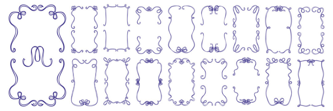 doodle hand drawn trendy frame set. rectangular, oval shape vintage borders with wavy lines, bow and ribbon