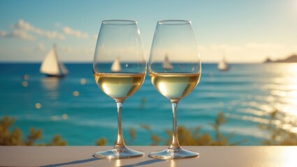 Obraz premium Two glasses of white wine set against a summer seascape in the background.